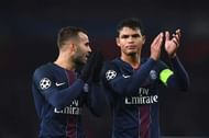 LONDON, ENGLAND - NOVEMBER 23: Jese of PSG (L) and Thiago Silva of PSG (R) shows appreciation to the fans after the final whistle during the UEFA Champions League Group A match between Arsenal FC and Paris Saint-Germain at the Emirates Stadium on November 23, 2016 in London, England.  (Photo by Shaun Botterill/Getty Images)